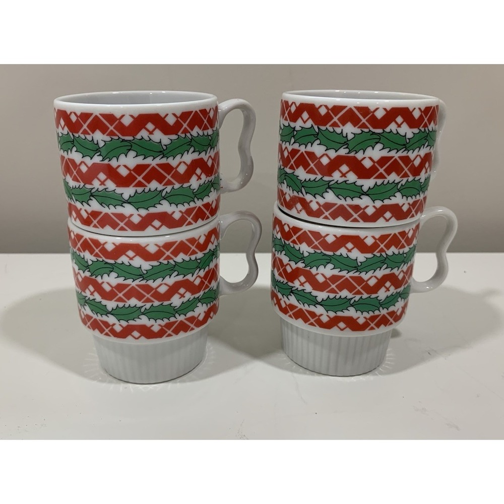 VINTAGE CHRISTMAS STACKABLE MUGS JAPAN - BUTTERFLY HANDLE CUP (4) - Picture 3 of 7